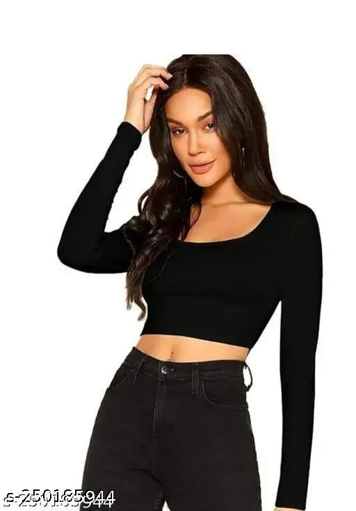 Women's Slim Fit Crop Tops Long Sleeve Scoop Neck Solid Color T-Shirts Blouses with trendy look